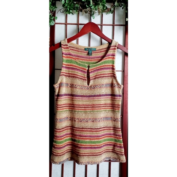 Lauren Ralph Lauren Sleeveless Aztec Inspired Knit Linen-Blend Top - Earthtones - Picture 6 of 15